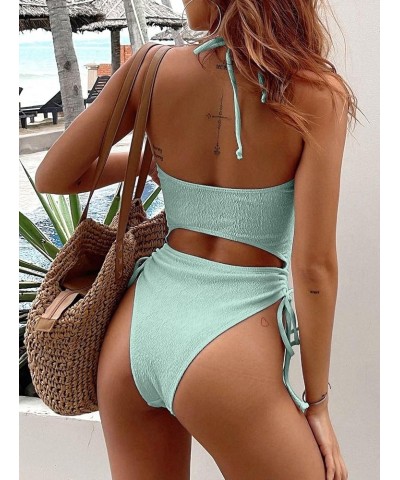 Womens One Piece Swimsuit Sexy Ribbed Monokini High Waisted Cutout Bathing Suit Light Green $16.10 Swimsuits