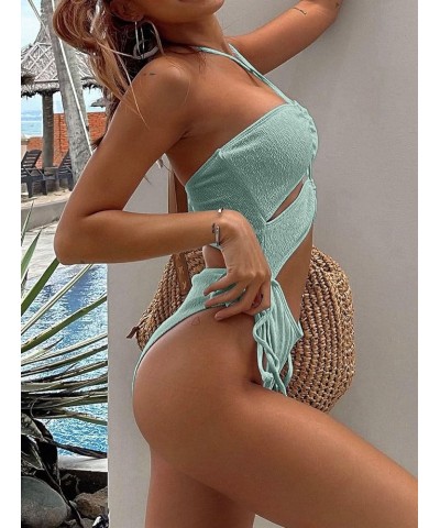 Womens One Piece Swimsuit Sexy Ribbed Monokini High Waisted Cutout Bathing Suit Light Green $16.10 Swimsuits