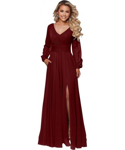 Women's Long Sleeve Bridesmaid Dresses for Wedding V Neck Chiffon A Line Formal Dress Evening Gown Champagne $23.65 Dresses