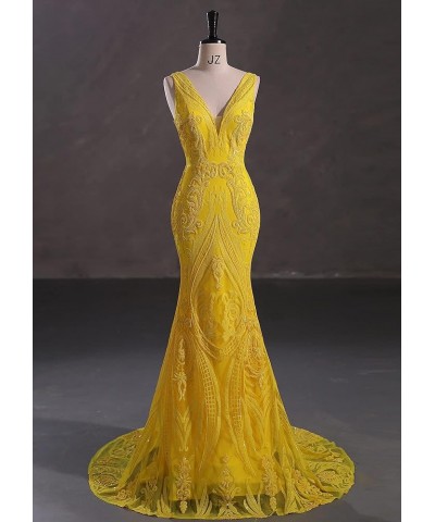 Women's V-Neck Sequins Sleeveless Lace-up Mermaid Evening Dress Yellow $57.02 Dresses