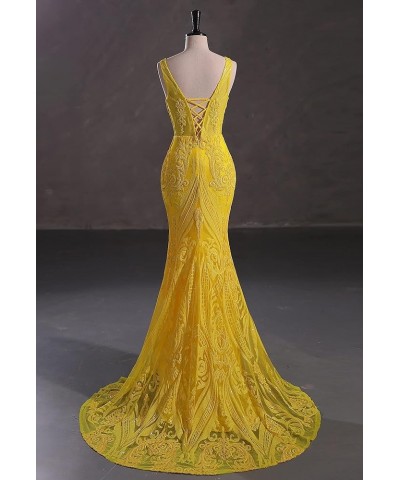 Women's V-Neck Sequins Sleeveless Lace-up Mermaid Evening Dress Yellow $57.02 Dresses