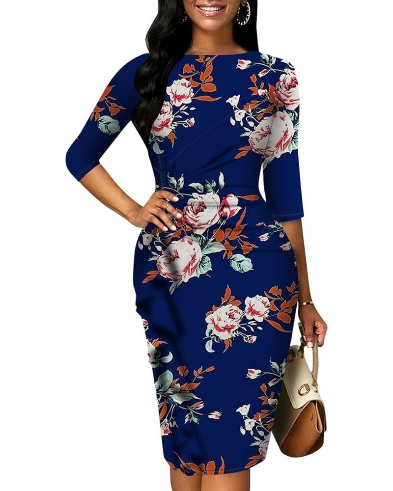 Church Dresses for Women 3/4 Sleeve Bodycon Ruffle Vintage Work Midi Pencil Dress 5441blueflower $26.54 Dresses