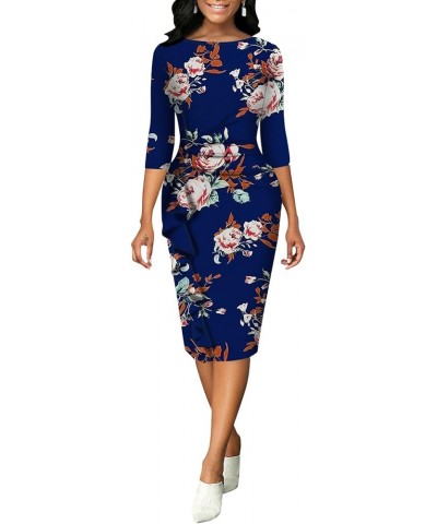 Church Dresses for Women 3/4 Sleeve Bodycon Ruffle Vintage Work Midi Pencil Dress 5441blueflower $26.54 Dresses