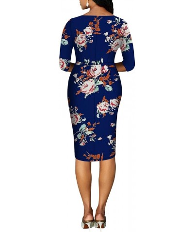 Church Dresses for Women 3/4 Sleeve Bodycon Ruffle Vintage Work Midi Pencil Dress 5441blueflower $26.54 Dresses