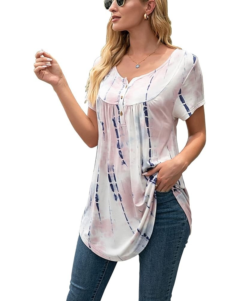 Womens Tie-Dye Tops V Neck Soft T-Shirts Flowy Pleats Tunic Button up Casual Blouses Summer Short Sleeve A-tie-dye-11 $10.02 ...