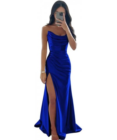 Strapless Satin Bridesmaid Dresses for Wedding Long Ruched Mermaid Formal Evening Prom Party Gown with Slit Black Royal Blue ...