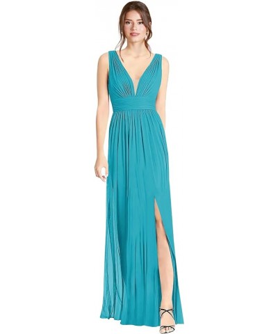 Women's Chiffon Bridesmaid Dresses with Sleeveless Empire Waist Deep V Neck Formal Evening Party Dress with Slit Aqua Blue $1...