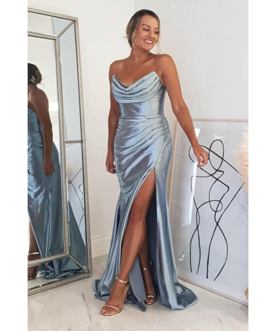 Strapless Satin Bridesmaid Dresses for Wedding Long Ruched Mermaid Formal Evening Prom Party Gown with Slit Black Royal Blue ...