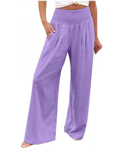 Women Linen Pants Summer Palazzo Boho Wide Leg Pants High Waist Lounge Pant Beach Flowy Casual Trousers with Pockets A01-purp...