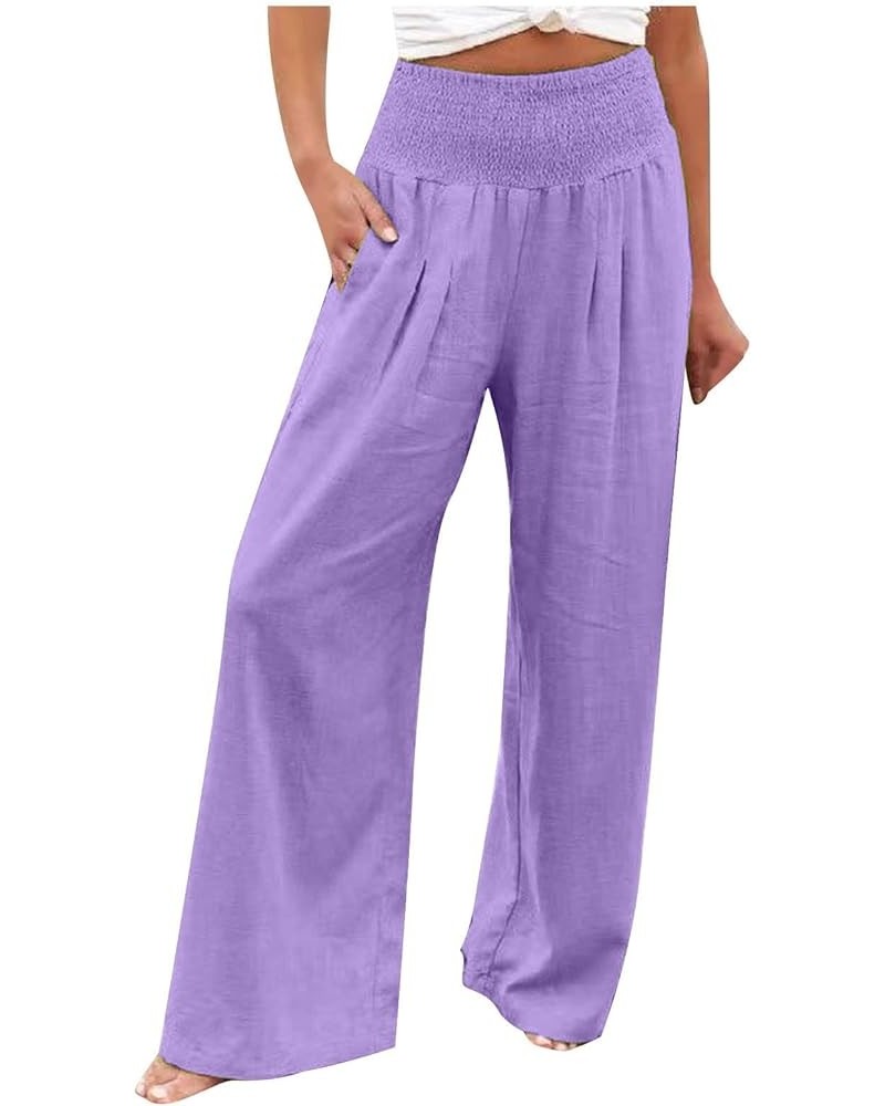 Women Linen Pants Summer Palazzo Boho Wide Leg Pants High Waist Lounge Pant Beach Flowy Casual Trousers with Pockets A01-purp...