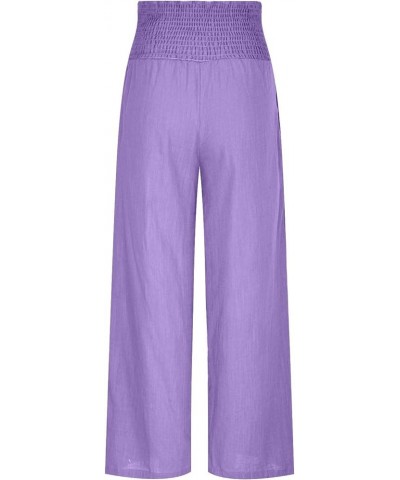 Women Linen Pants Summer Palazzo Boho Wide Leg Pants High Waist Lounge Pant Beach Flowy Casual Trousers with Pockets A01-purp...