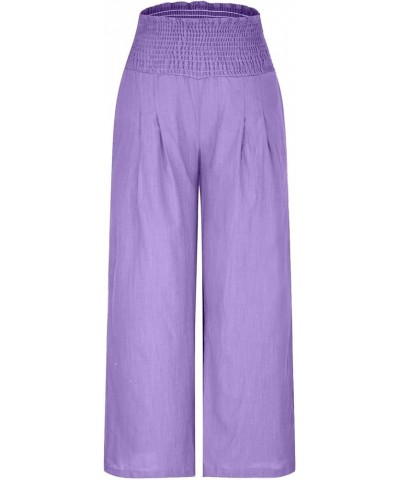 Women Linen Pants Summer Palazzo Boho Wide Leg Pants High Waist Lounge Pant Beach Flowy Casual Trousers with Pockets A01-purp...