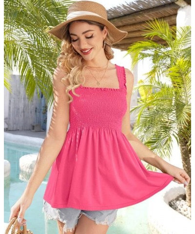 Women's Summer Ruffle Hem Smocked Tank Tops Pink $16.23 Tanks