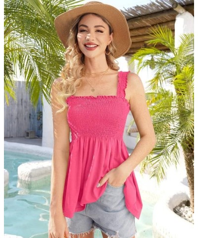 Women's Summer Ruffle Hem Smocked Tank Tops Pink $16.23 Tanks