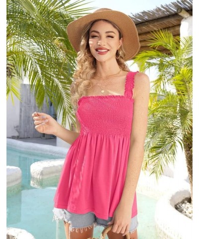 Women's Summer Ruffle Hem Smocked Tank Tops Pink $16.23 Tanks