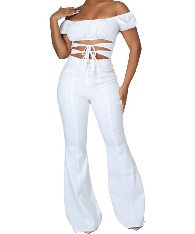 Women's Slim Fit Stretch Mid Waist Button Down Denim Flared Pants White $21.08 Jeans