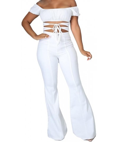 Women's Slim Fit Stretch Mid Waist Button Down Denim Flared Pants White $21.08 Jeans