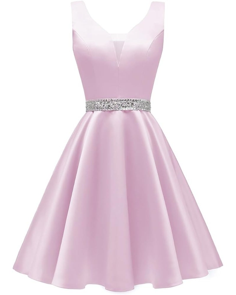 Satin Glitter Short Prom Dresses V-Neck Beaded Evening Homecoming Cocktail Party Gowns for Teens Pink-satin $26.51 Dresses