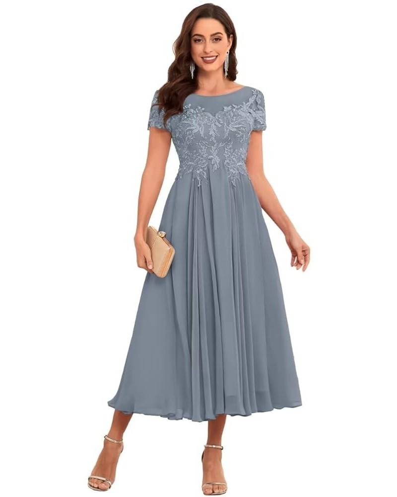 Lace Appliques Tea Length Mother of The Bride Dresses Short Sleeve Evening Gown Dusty Blue $45.60 Dresses