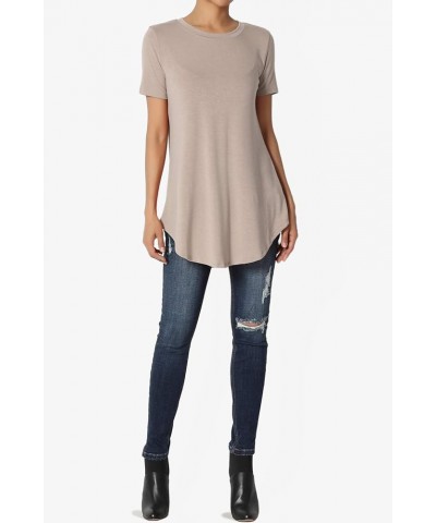 S~3X Basic Crew Neck Shirttail Hem Short Sleeve Top Draped Jersey Tee Light Mocha $10.00 T-Shirts