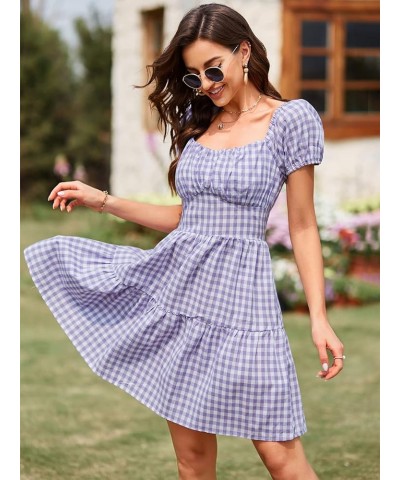 Women's Casual Plaid Mini Dress Scoop Neck Short Puff Sleeve Sundress A-Line Flowy Summer Dresses A-light Purple $13.99 Dresses