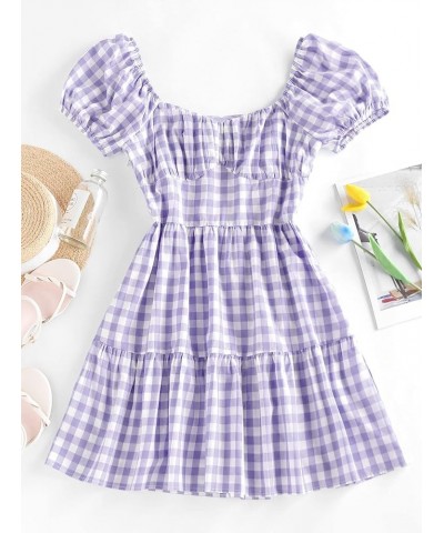 Women's Casual Plaid Mini Dress Scoop Neck Short Puff Sleeve Sundress A-Line Flowy Summer Dresses A-light Purple $13.99 Dresses