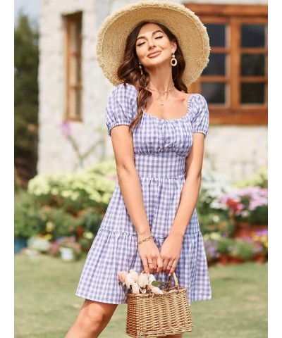 Women's Casual Plaid Mini Dress Scoop Neck Short Puff Sleeve Sundress A-Line Flowy Summer Dresses A-light Purple $13.99 Dresses