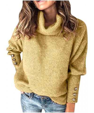 Womens Sweaters Fall 2023 Turtle Neck Long Sleeve Knitted Sweater Solid Color Loose Button Comfy Jumper Tops Pullover Ayellow...