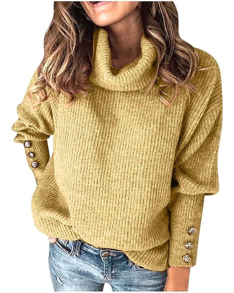 Womens Sweaters Fall 2023 Turtle Neck Long Sleeve Knitted Sweater Solid Color Loose Button Comfy Jumper Tops Pullover Ayellow...