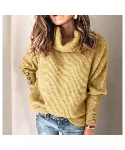 Womens Sweaters Fall 2023 Turtle Neck Long Sleeve Knitted Sweater Solid Color Loose Button Comfy Jumper Tops Pullover Ayellow...