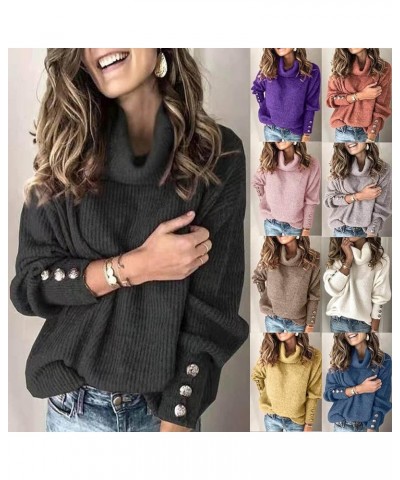 Womens Sweaters Fall 2023 Turtle Neck Long Sleeve Knitted Sweater Solid Color Loose Button Comfy Jumper Tops Pullover Ayellow...