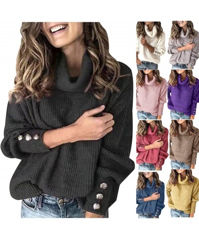 Womens Sweaters Fall 2023 Turtle Neck Long Sleeve Knitted Sweater Solid Color Loose Button Comfy Jumper Tops Pullover Ayellow...