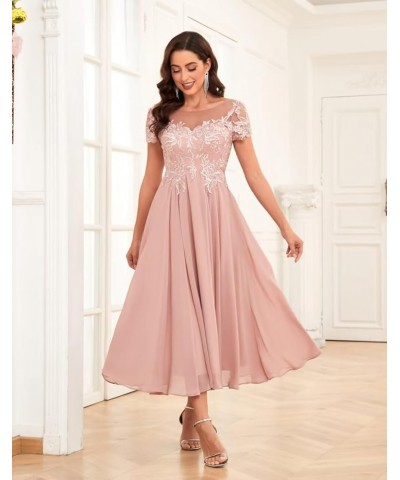 Lace Appliques Tea Length Mother of The Bride Dresses Short Sleeve Evening Gown Dusty Blue $45.60 Dresses