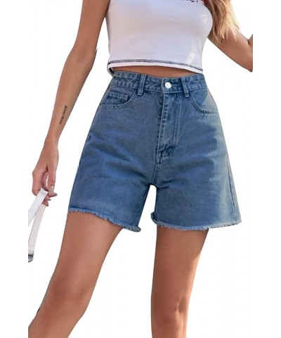 Women's High Waist Denim Shorts Raw Hem Jean Shorts Casual Summer Straight Wide Leg Pants for Women with Pockets A1-light Blu...