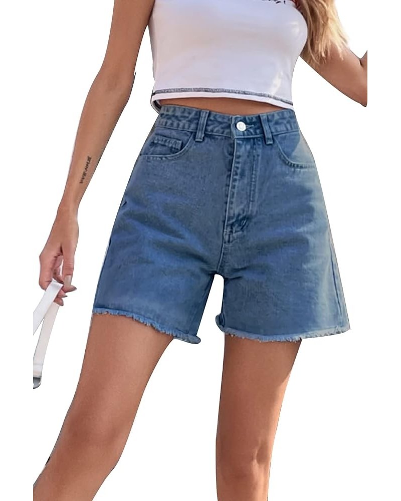 Women's High Waist Denim Shorts Raw Hem Jean Shorts Casual Summer Straight Wide Leg Pants for Women with Pockets A1-light Blu...