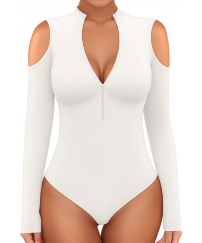 Long Sleeve Body Suit Mock Turtle Neck Zip Up Bodysuit for Women Ribbed Deep V Sexy Bodysuit Shirts A1-cold Shoulder White $1...