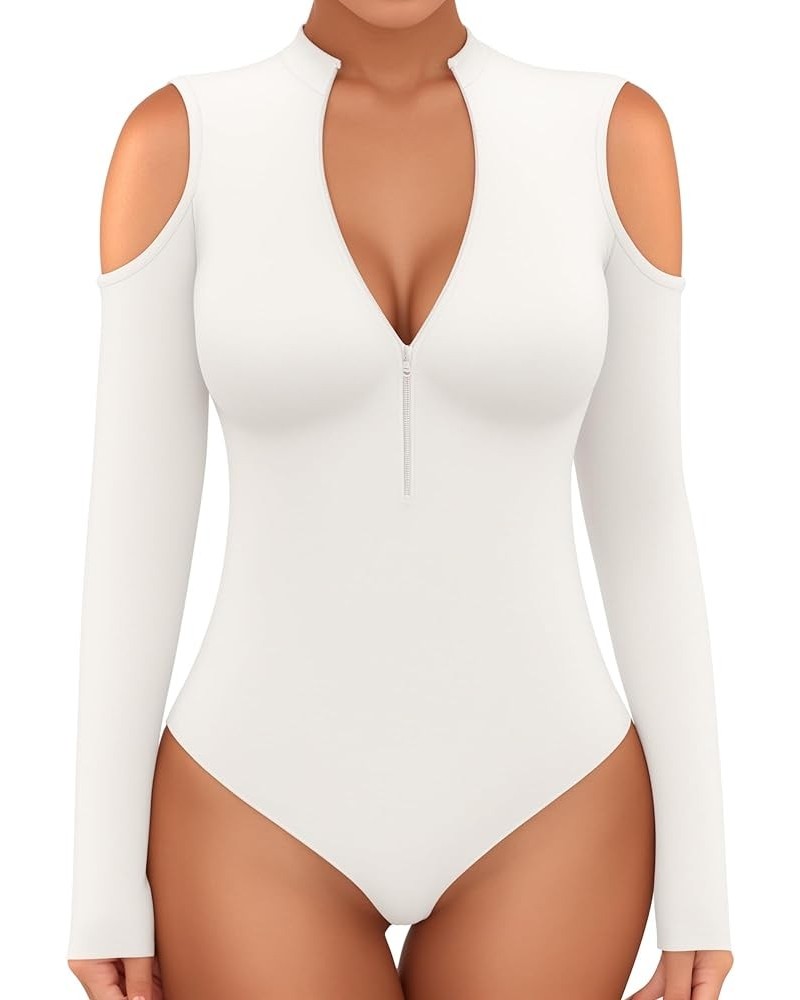 Long Sleeve Body Suit Mock Turtle Neck Zip Up Bodysuit for Women Ribbed Deep V Sexy Bodysuit Shirts A1-cold Shoulder White $1...