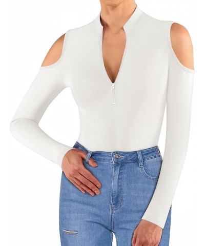 Long Sleeve Body Suit Mock Turtle Neck Zip Up Bodysuit for Women Ribbed Deep V Sexy Bodysuit Shirts A1-cold Shoulder White $1...