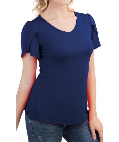 Women's Petal Short Sleeve V Neck Tunic Summer Tops Navy Blue $10.82 Tops