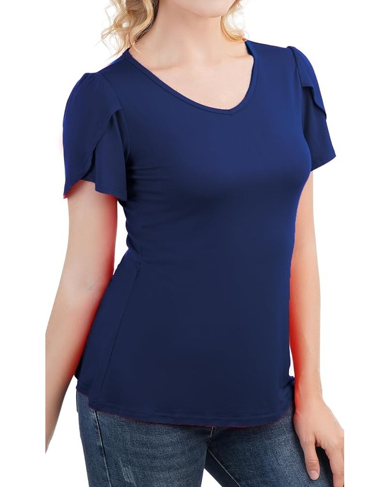 Women's Petal Short Sleeve V Neck Tunic Summer Tops Navy Blue $10.82 Tops