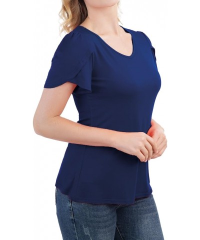 Women's Petal Short Sleeve V Neck Tunic Summer Tops Navy Blue $10.82 Tops