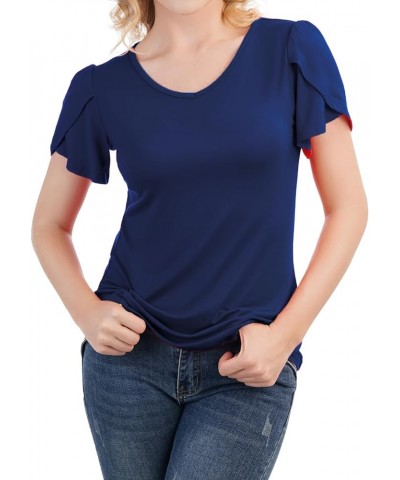 Women's Petal Short Sleeve V Neck Tunic Summer Tops Navy Blue $10.82 Tops