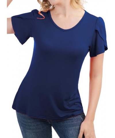 Women's Petal Short Sleeve V Neck Tunic Summer Tops Navy Blue $10.82 Tops