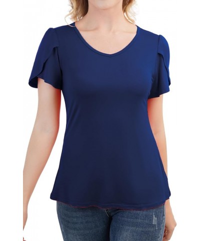 Women's Petal Short Sleeve V Neck Tunic Summer Tops Navy Blue $10.82 Tops