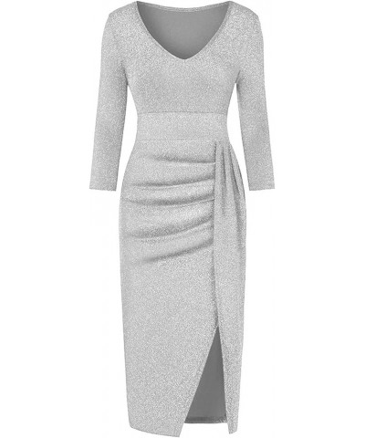 Spring Dresses for Women 2024 Eveing Evening Casual Trendy High Slit Long Sleeve Bodycon Evening Midi Dress ZZ04 B-silver $6....