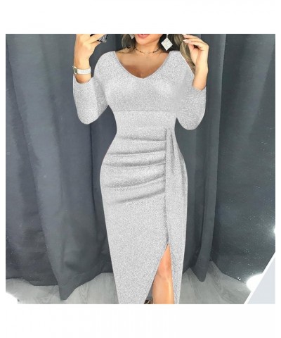 Spring Dresses for Women 2024 Eveing Evening Casual Trendy High Slit Long Sleeve Bodycon Evening Midi Dress ZZ04 B-silver $6....