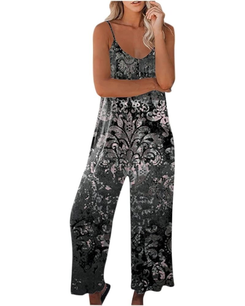 Womens Casual Wide Leg Jumpsuit Printed Tank Top Bodysuit Sleeveless Strap Loose Stretchy Long Pant Romper Black-13 $5.97 Jum...