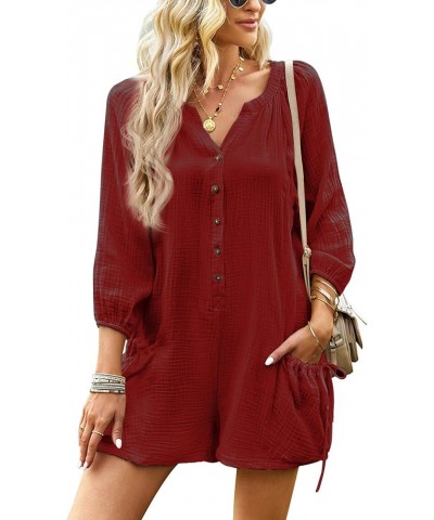 Women's 3/4 Sleeve Summer Romper Pleated V Neck Button Down Short One Piece Jumpsuit with Pockets Winered $15.19 Rompers