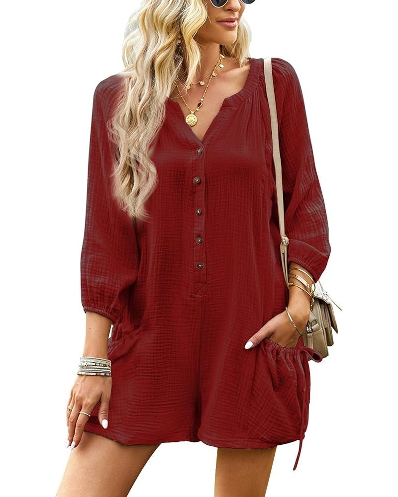 Women's 3/4 Sleeve Summer Romper Pleated V Neck Button Down Short One Piece Jumpsuit with Pockets Winered $15.19 Rompers