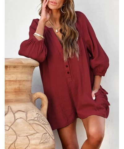 Women's 3/4 Sleeve Summer Romper Pleated V Neck Button Down Short One Piece Jumpsuit with Pockets Winered $15.19 Rompers